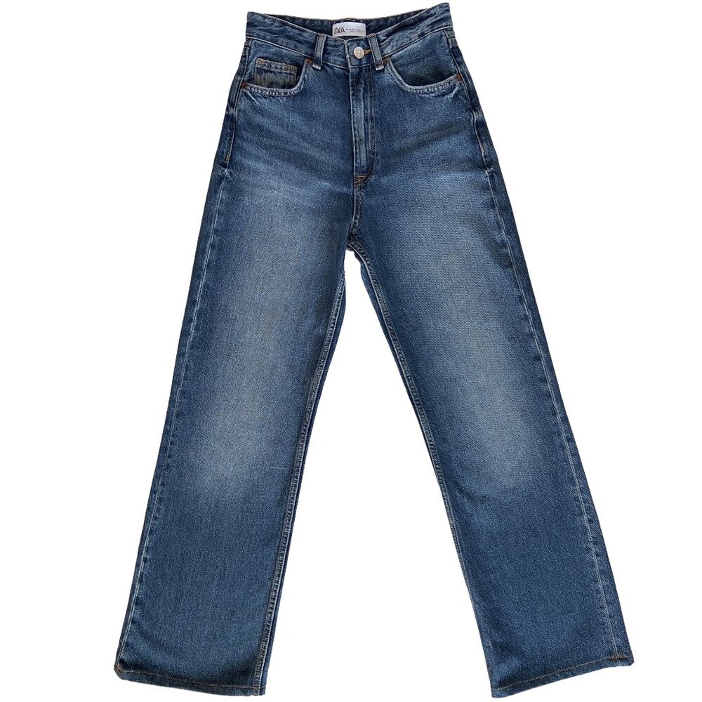 ZARA DENIM HIGH RISE DARK BLUE WASH JEANS SIZE 2